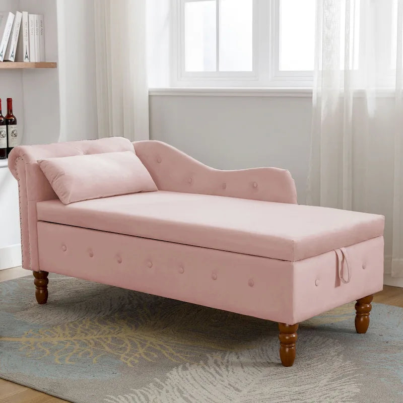 Chaise longue imbottita in velluto con braccioli arrotolati, contenitore e cuscino