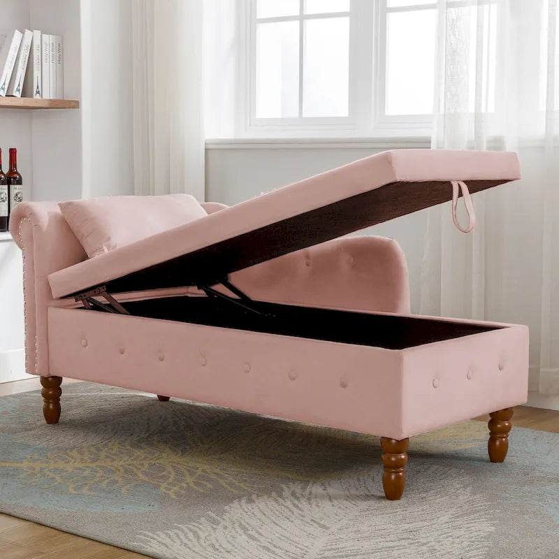 Chaise longue imbottita in velluto con braccioli arrotolati, contenitore e cuscino