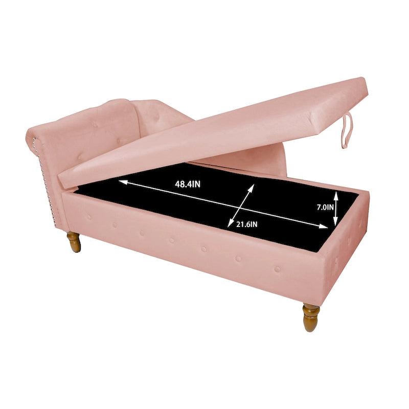 Chaise longue imbottita in velluto con braccioli arrotolati, contenitore e cuscino