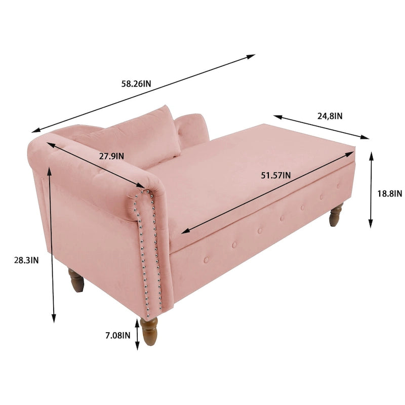Chaise longue imbottita in velluto con braccioli arrotolati, contenitore e cuscino