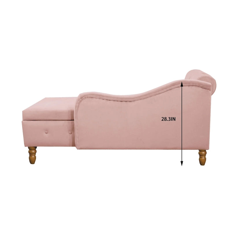 Chaise longue imbottita in velluto con braccioli arrotolati, contenitore e cuscino