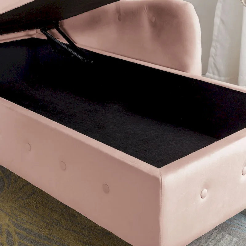 Chaise longue imbottita in velluto con braccioli arrotolati, contenitore e cuscino