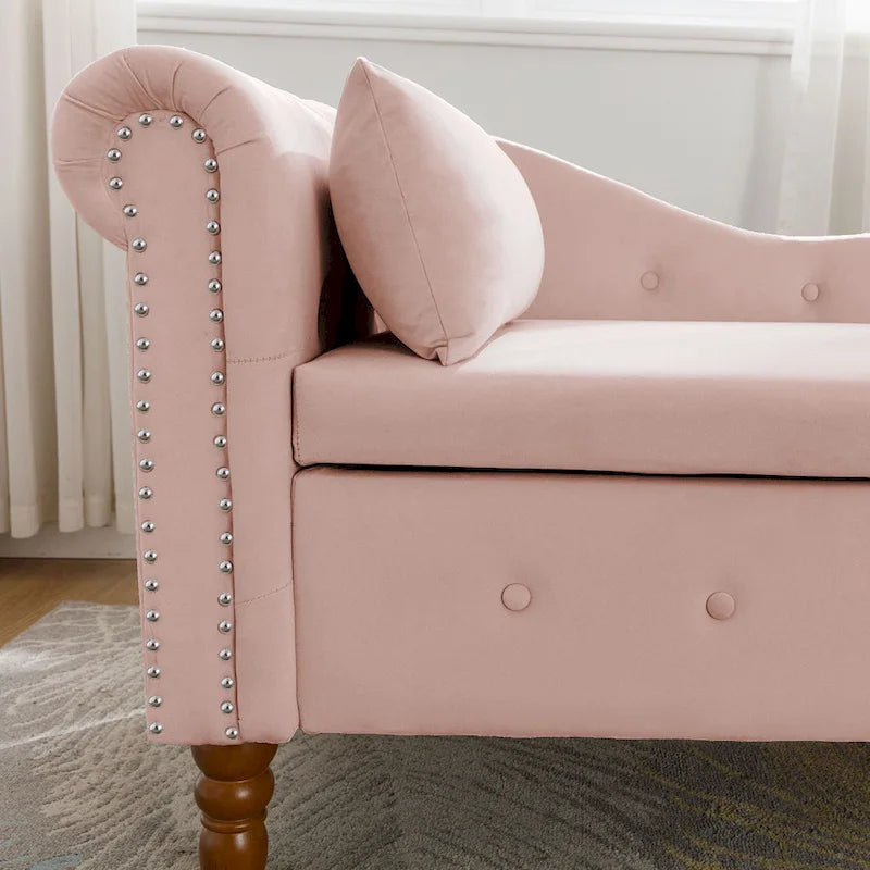 Chaise longue imbottita in velluto con braccioli arrotolati, contenitore e cuscino