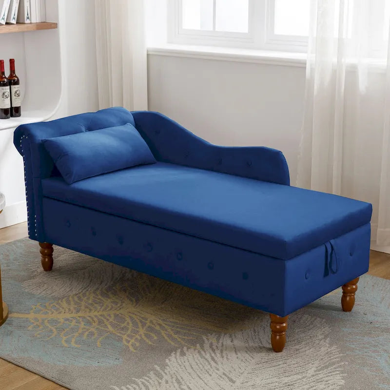 Chaise longue imbottita in velluto con braccioli arrotolati, contenitore e cuscino