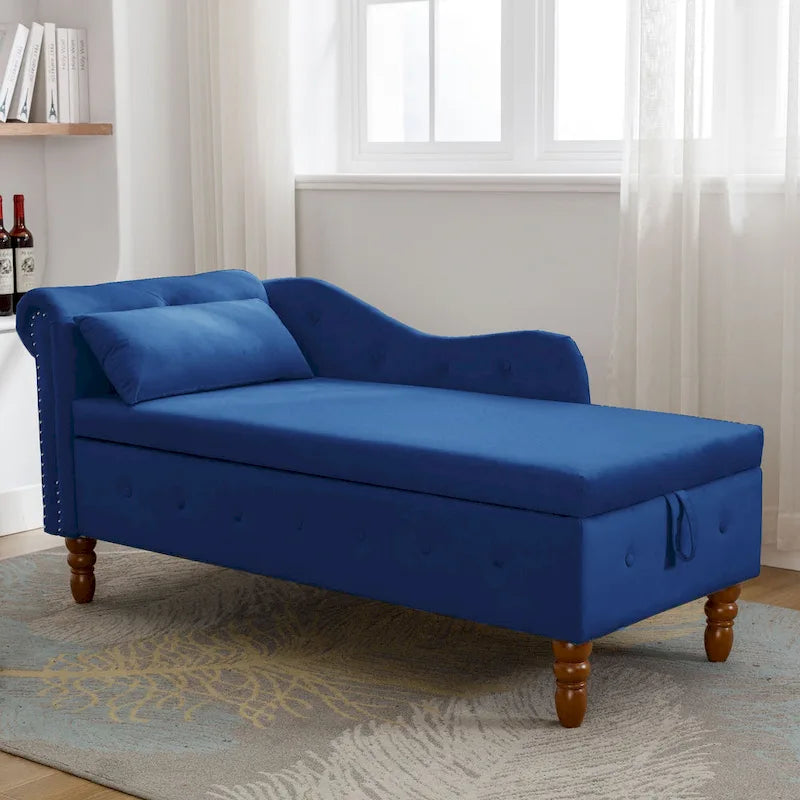 Chaise longue imbottita in velluto con braccioli arrotolati, contenitore e cuscino