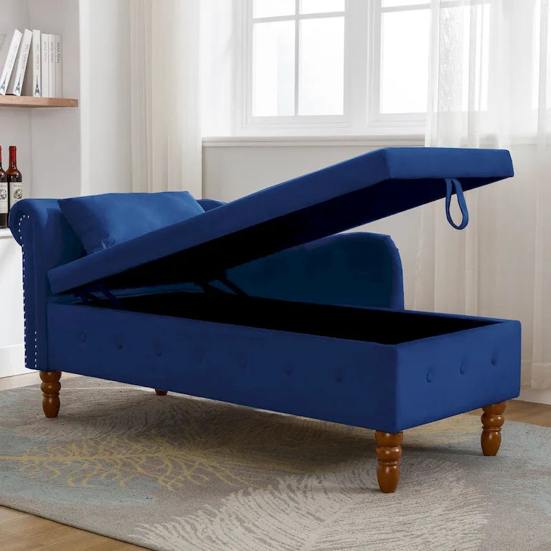 Chaise longue imbottita in velluto con braccioli arrotolati, contenitore e cuscino