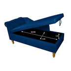 Chaise longue imbottita in velluto con braccioli arrotolati, contenitore e cuscino