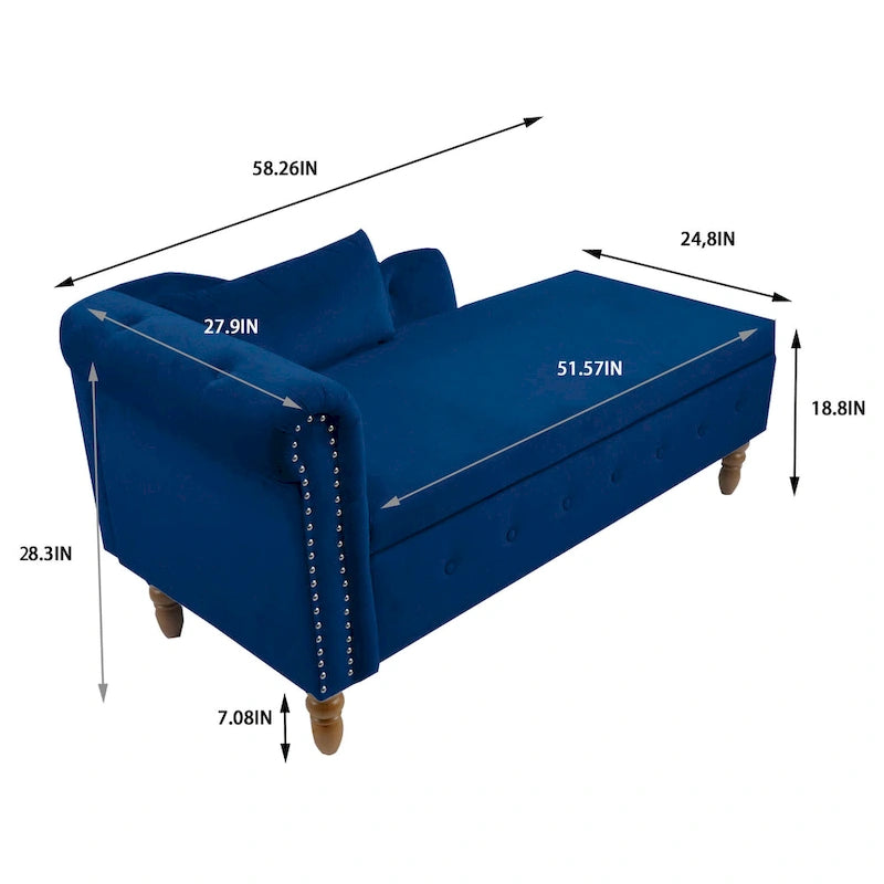 Chaise longue imbottita in velluto con braccioli arrotolati, contenitore e cuscino