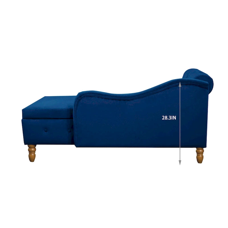 Chaise longue imbottita in velluto con braccioli arrotolati, contenitore e cuscino