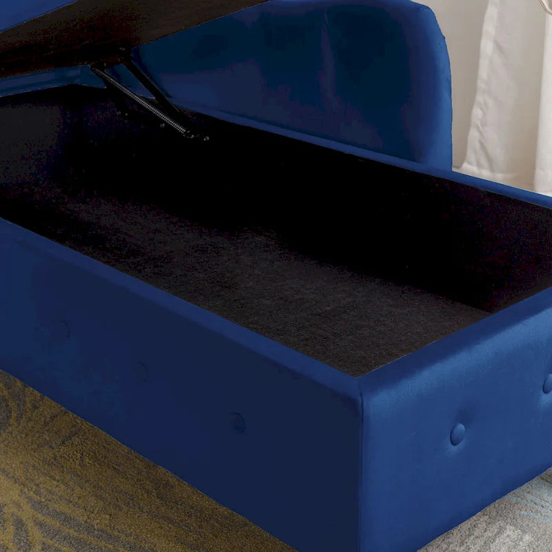 Chaise longue imbottita in velluto con braccioli arrotolati, contenitore e cuscino