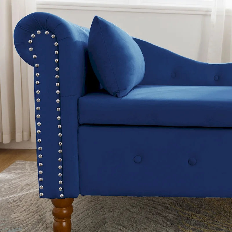 Chaise longue imbottita in velluto con braccioli arrotolati, contenitore e cuscino