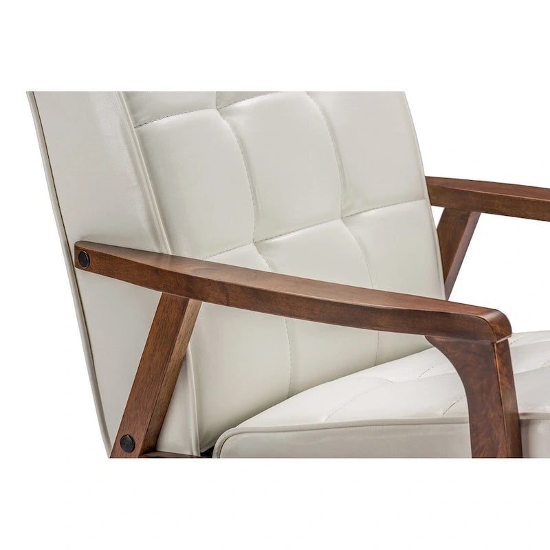 Poltrona club in similpelle bianca trapuntata Mid-Century con struttura in legno di albero della gomma