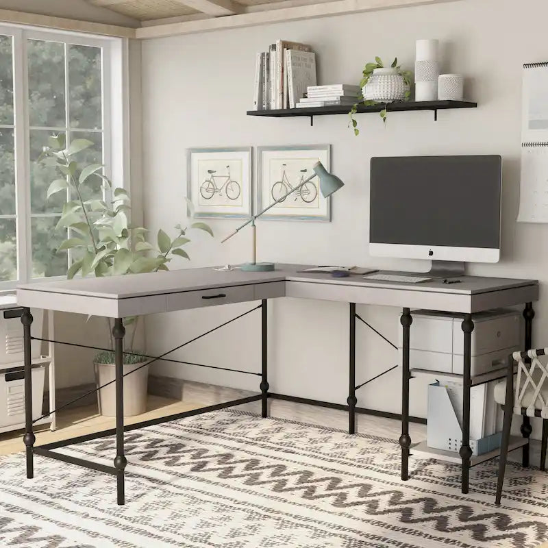 Scrivania angolare a L in stile rustico con 2 porte USB e 2 prese di corrente – 150 cm
