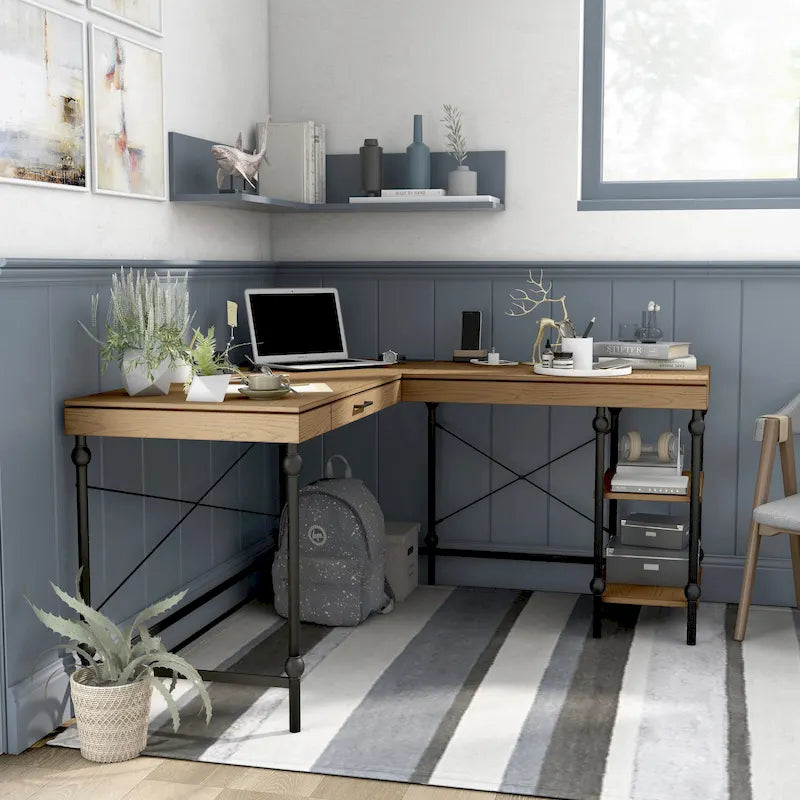 Scrivania angolare a L in stile rustico con 2 porte USB e 2 prese di corrente – 150 cm