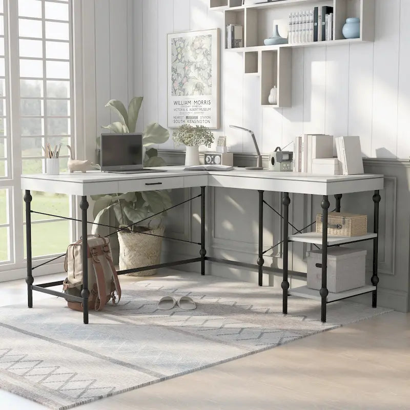 Scrivania angolare a L in stile rustico con 2 porte USB e 2 prese di corrente – 150 cm