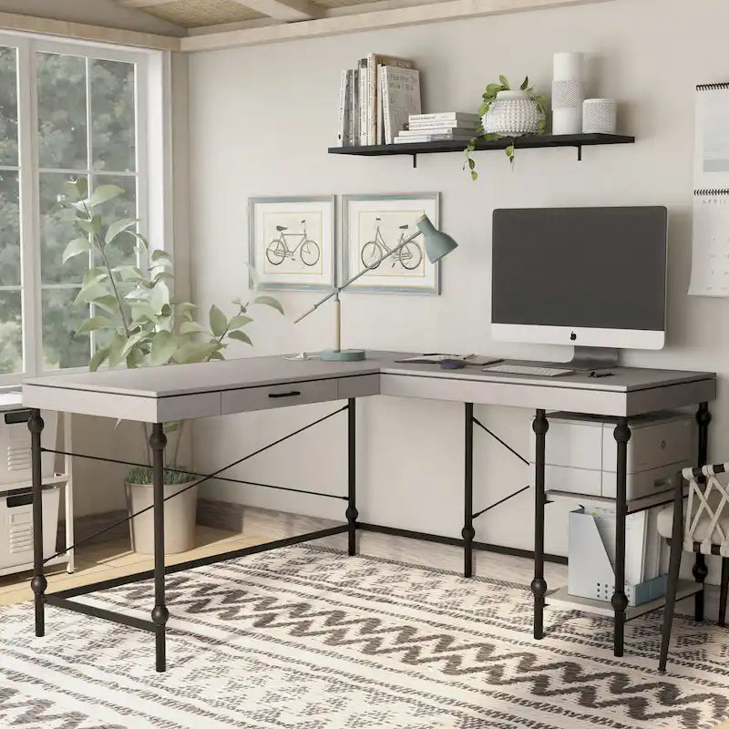Scrivania angolare a L in stile rustico con 2 porte USB e 2 prese di corrente – 150 cm