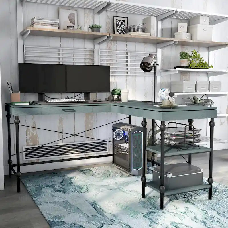 Scrivania angolare a L in stile rustico con 2 porte USB e 2 prese di corrente – 150 cm