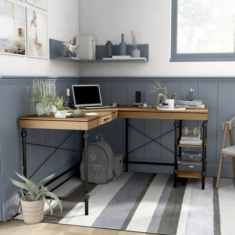 Scrivania angolare a L in stile rustico con 2 porte USB e 2 prese di corrente – 150 cm