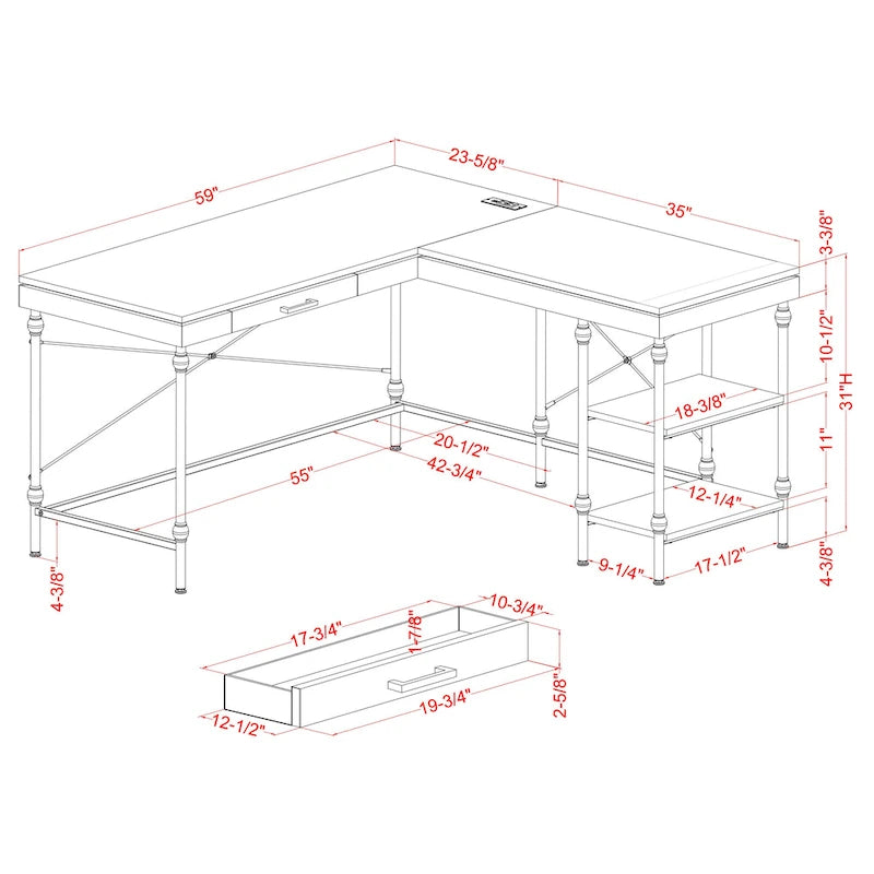 Scrivania angolare a L in stile rustico con 2 porte USB e 2 prese di corrente – 150 cm