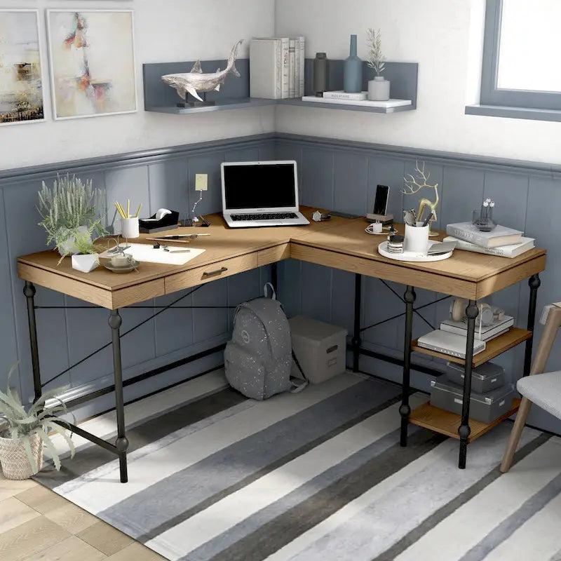 Scrivania angolare a L in stile rustico con 2 porte USB e 2 prese di corrente – 150 cm