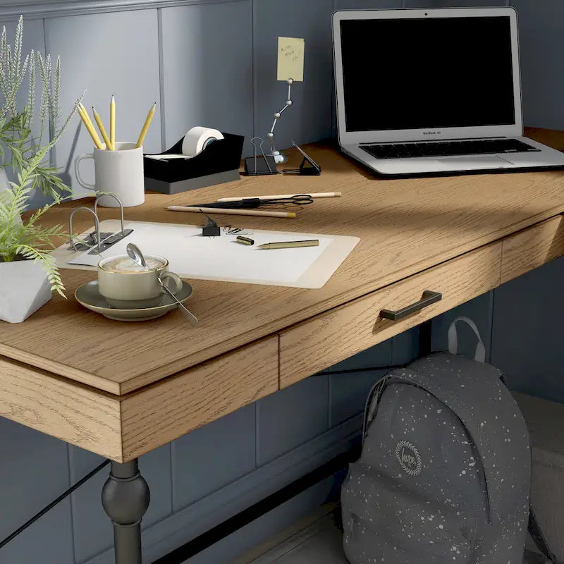 Scrivania angolare a L in stile rustico con 2 porte USB e 2 prese di corrente – 150 cm