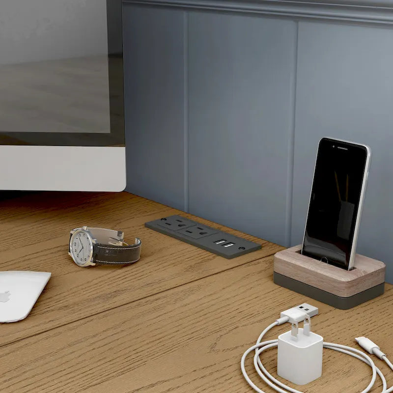 Scrivania angolare a L in stile rustico con 2 porte USB e 2 prese di corrente – 150 cm