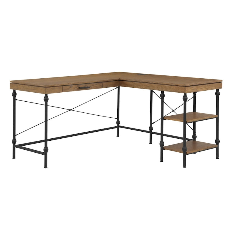 Scrivania angolare a L in stile rustico con 2 porte USB e 2 prese di corrente – 150 cm