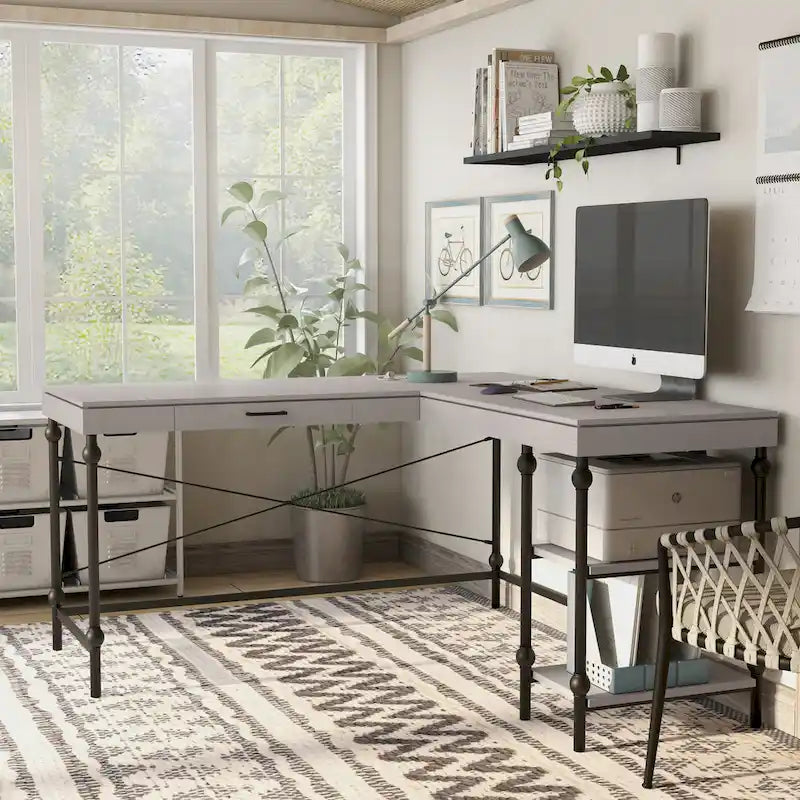 Scrivania angolare a L in stile rustico con 2 porte USB e 2 prese di corrente – 150 cm