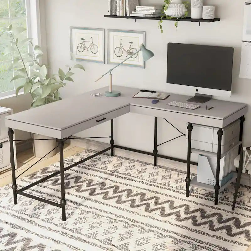 Scrivania angolare a L in stile rustico con 2 porte USB e 2 prese di corrente – 150 cm