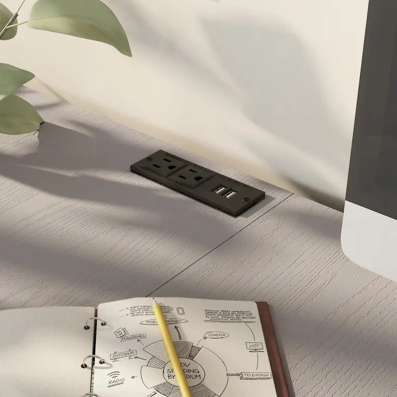Scrivania angolare a L in stile rustico con 2 porte USB e 2 prese di corrente – 150 cm
