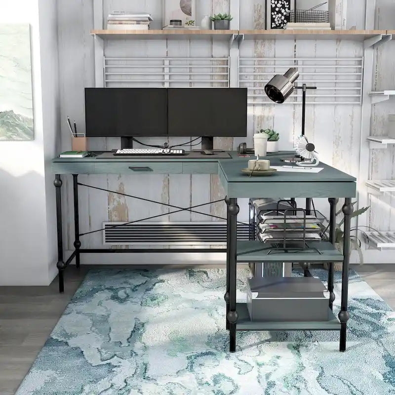 Scrivania angolare a L in stile rustico con 2 porte USB e 2 prese di corrente – 150 cm