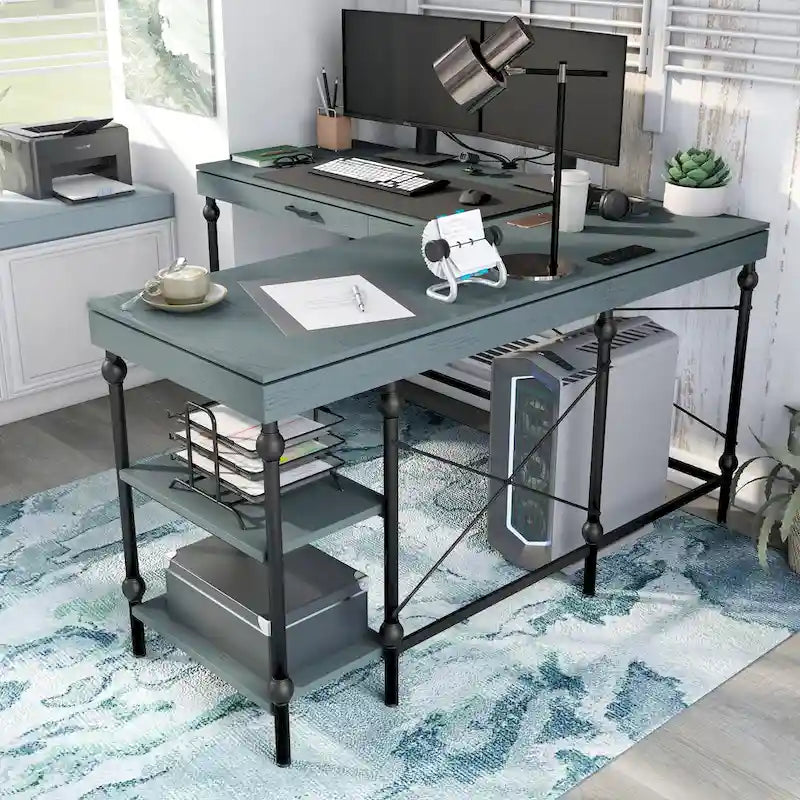 Scrivania angolare a L in stile rustico con 2 porte USB e 2 prese di corrente – 150 cm