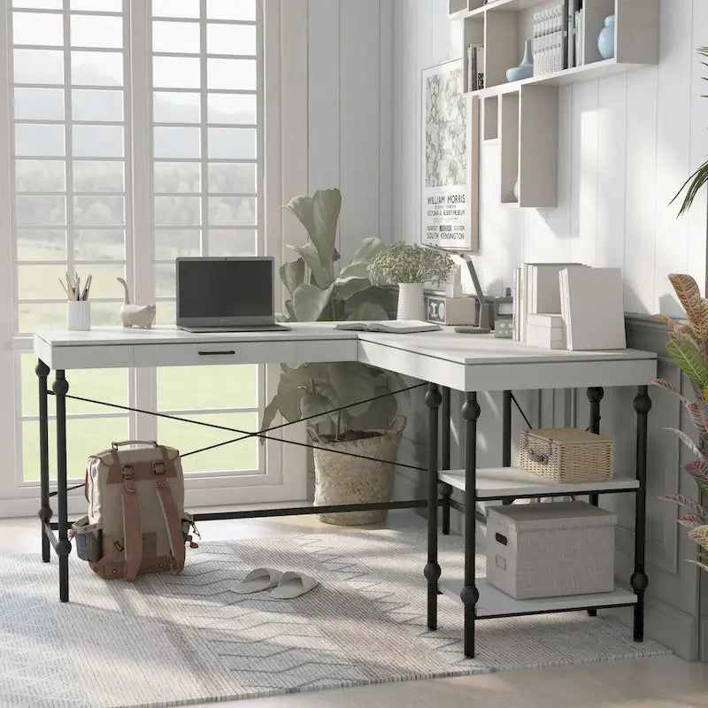 Scrivania angolare a L in stile rustico con 2 porte USB e 2 prese di corrente – 150 cm