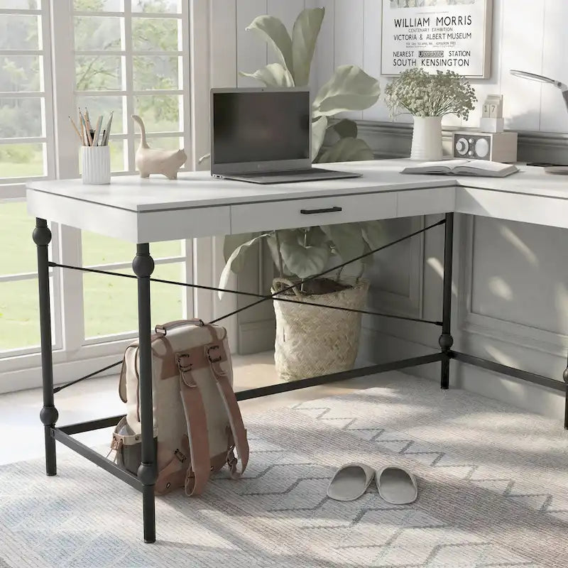 Scrivania angolare a L in stile rustico con 2 porte USB e 2 prese di corrente – 150 cm