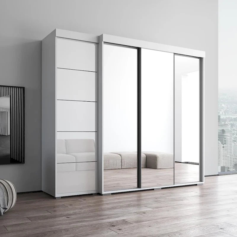 Armadio moderno con 3 specchi, ante in vetro e struttura opaca – 94W x 81H