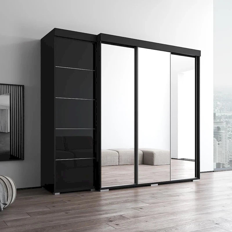 Armadio moderno con 3 specchi, ante in vetro e struttura opaca – 94W x 81H