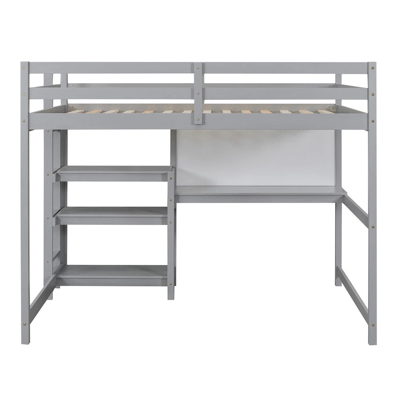Letto a soppalco in legno a grandezza naturale con mensole, scrivania e lavagna - Grigio