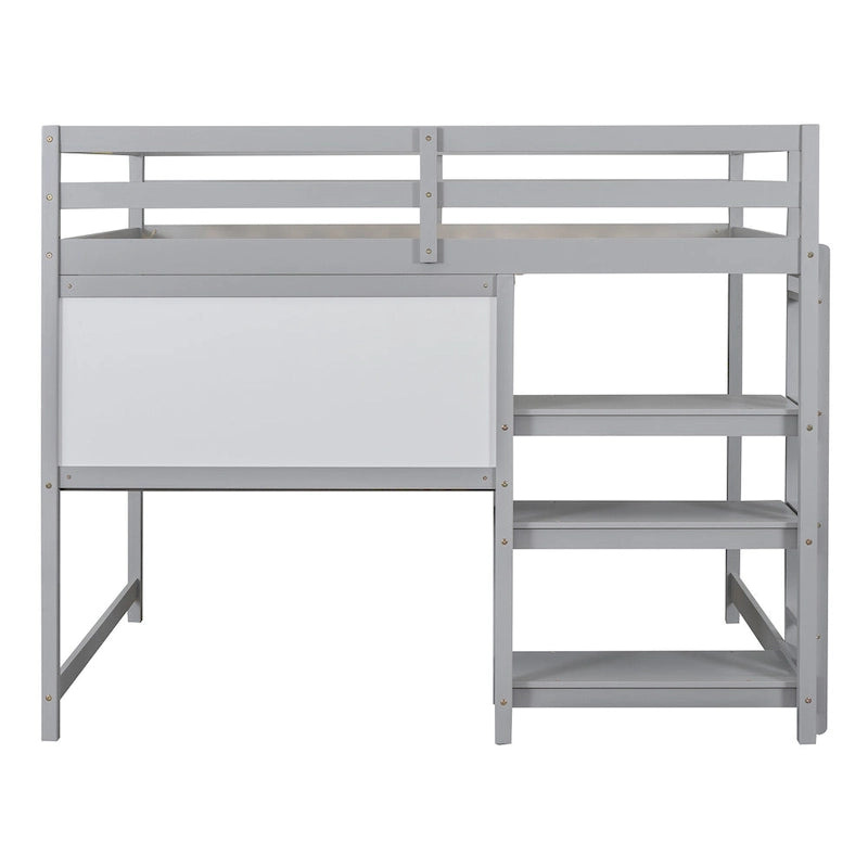 Letto a soppalco in legno a grandezza naturale con mensole, scrivania e lavagna - Grigio