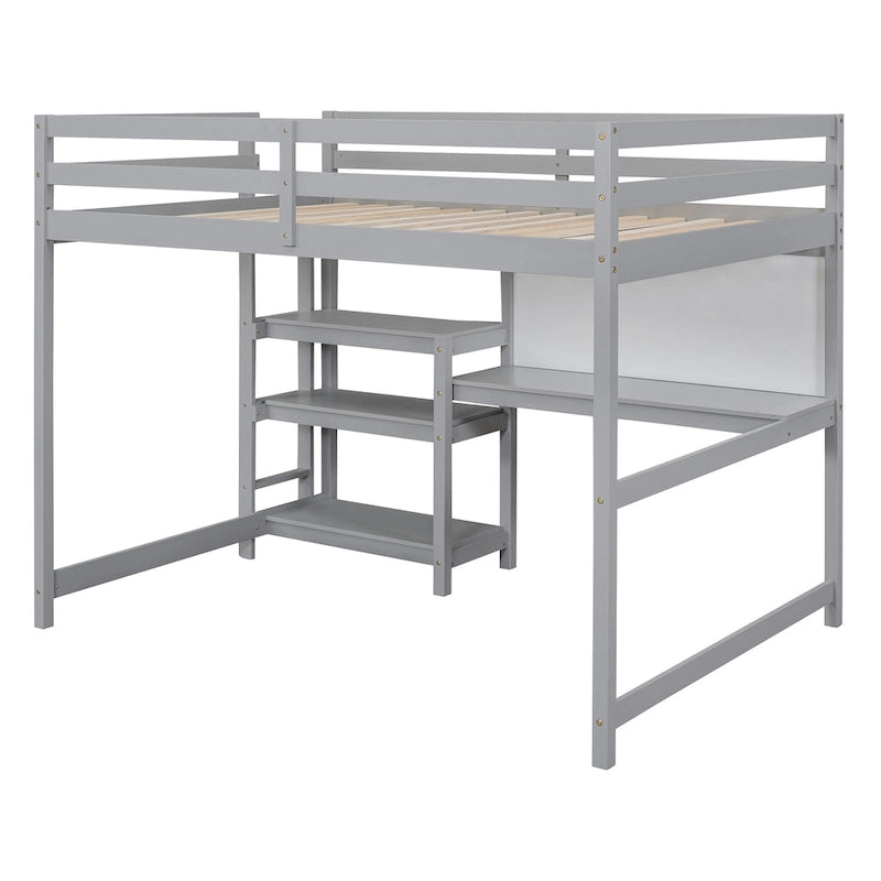 Letto a soppalco in legno a grandezza naturale con mensole, scrivania e lavagna - Grigio