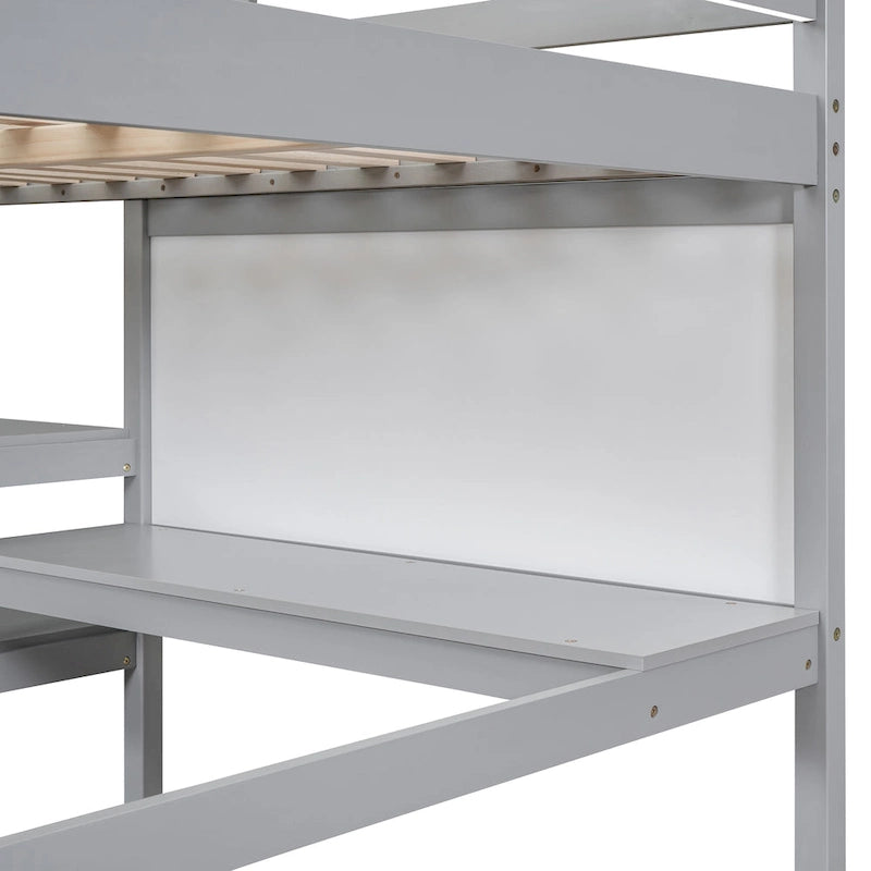 Letto a soppalco in legno a grandezza naturale con mensole, scrivania e lavagna - Grigio