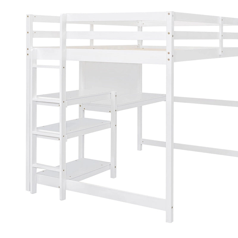 Letto a soppalco in legno a grandezza naturale con mensole, scrivania e lavagna - Grigio