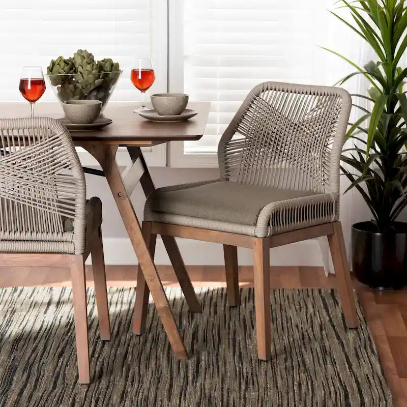 Sedia da pranzo in mogano con corda intrecciata transizionale e cuscino rimovibile – Grigio