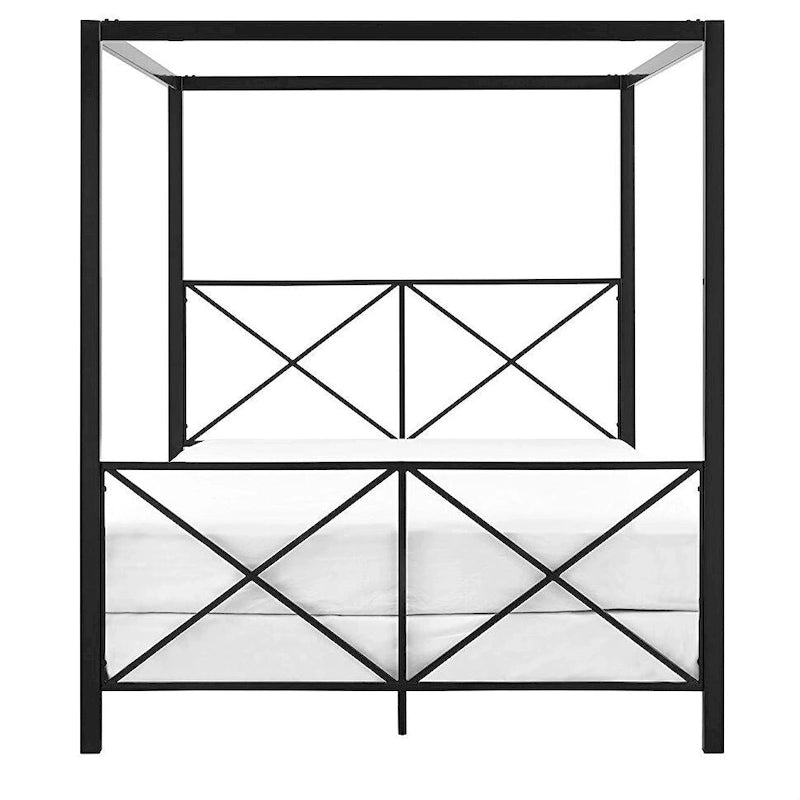 Struttura letto a baldacchino a quattro colonne, matrimoniale queen size, moderna, in metallo nero