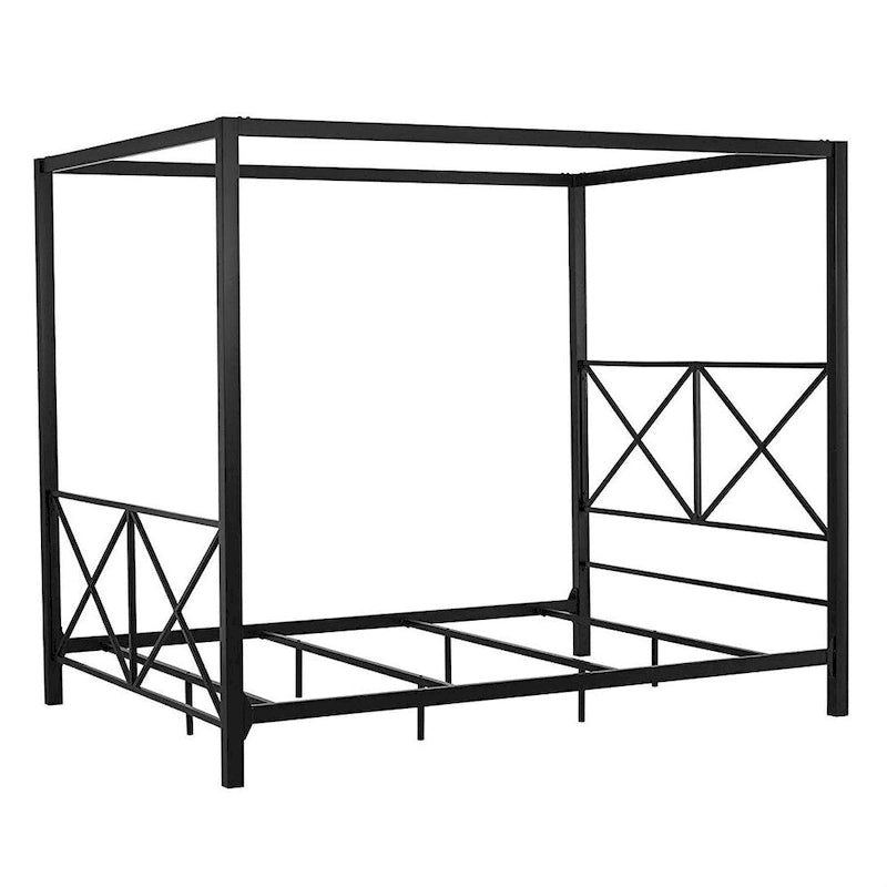 Struttura letto a baldacchino a quattro colonne, matrimoniale queen size, moderna, in metallo nero