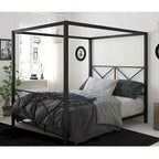 Struttura letto a baldacchino a quattro colonne, matrimoniale queen size, moderna, in metallo nero