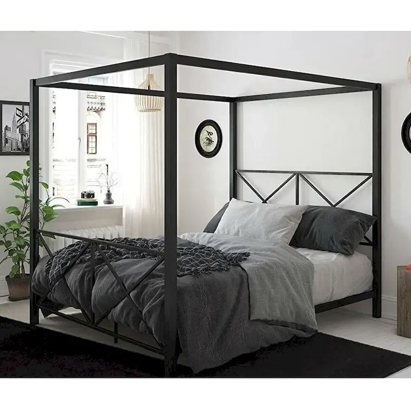 Struttura letto a baldacchino a quattro colonne, matrimoniale queen size, moderna, in metallo nero