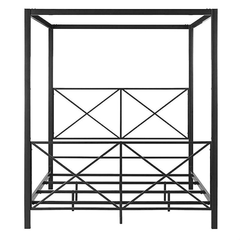 Struttura letto a baldacchino a quattro colonne, matrimoniale queen size, moderna, in metallo nero