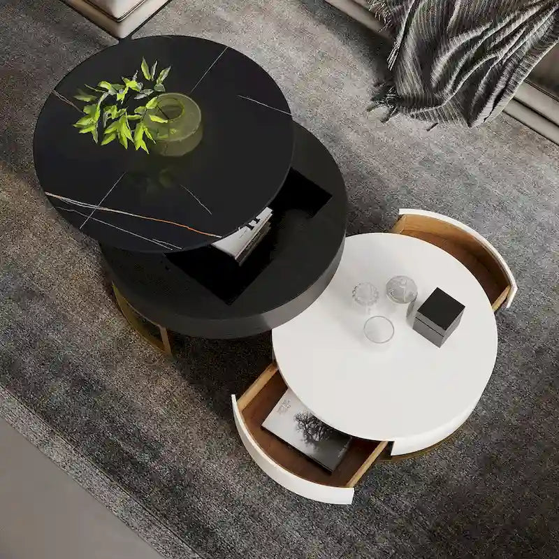 Tavolino da caffè rotondo con piano sollevabile e cassetti girevoli