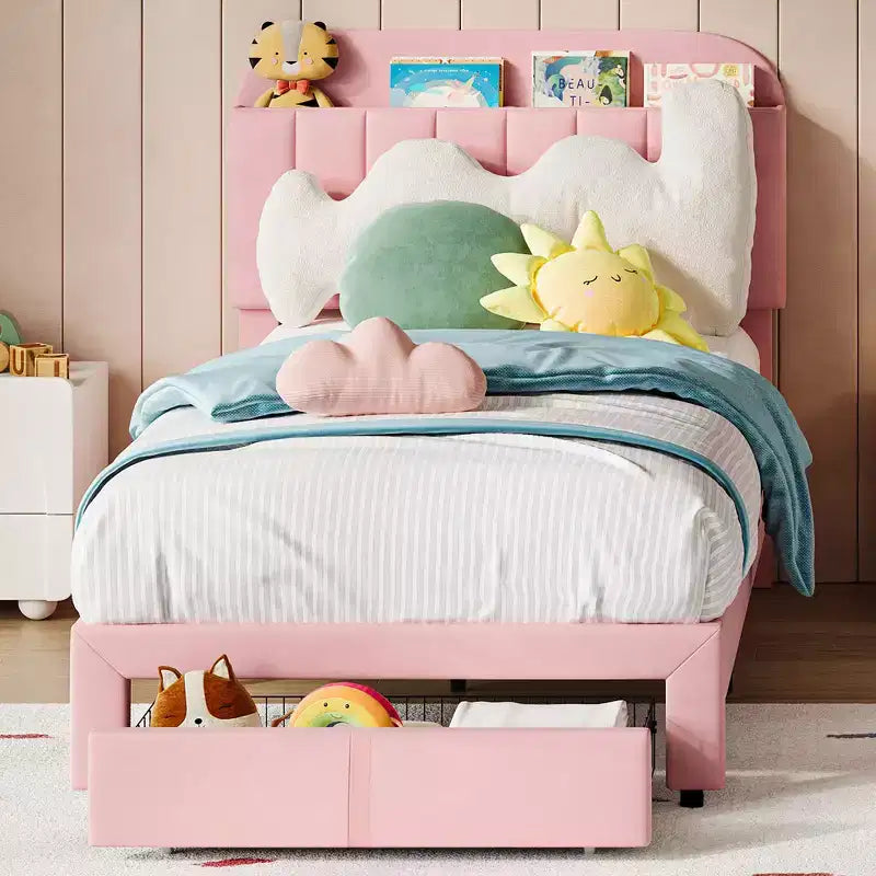 Garvee Struttura Letto Singolo con Cassetto, Letto Imbottito in Velluto con Testiera Contenitore, Nessuna Rete a Molle Necessaria, Facile da Montare