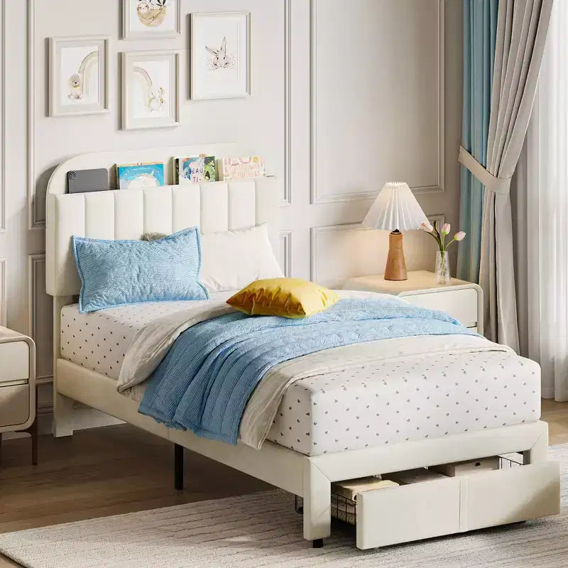 Garvee Struttura Letto Singolo con Cassetto, Letto Imbottito in Velluto con Testiera Contenitore, Nessuna Rete a Molle Necessaria, Facile da Montare